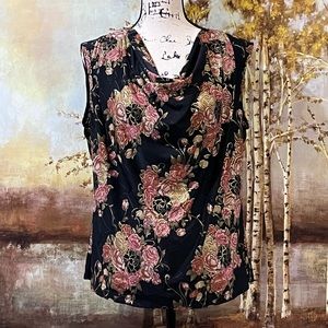 EUC CDW Gorgeous Rose Print with Gold Accents Fabric, Cowl Neck Top